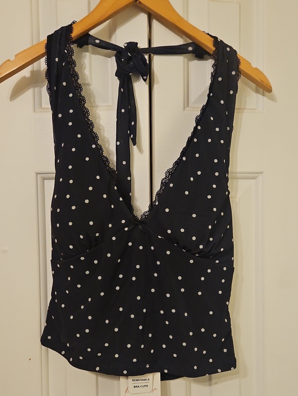 Pink Rose Black Polka Dot Halter Top Removable Cups NWT